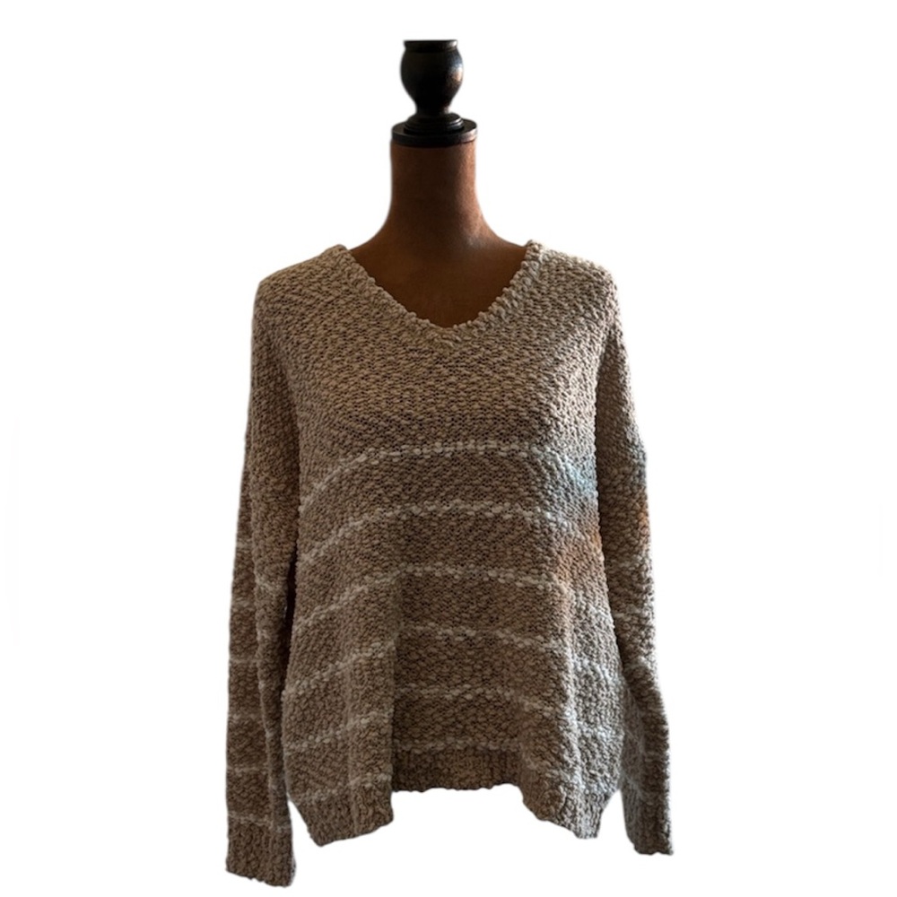 C&C California cozy V neck tan sweater with cream stripes. NWOT Small